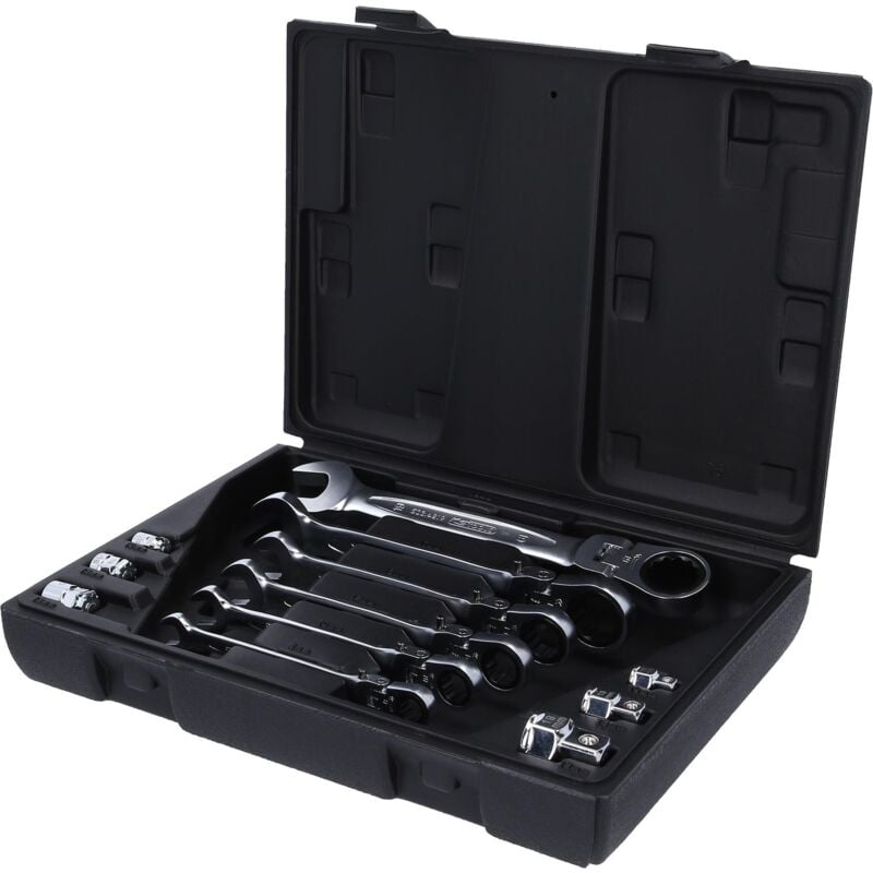 Jeu de clés mixtes à cliquet à tête inclinable à verrouillage GEARplus, 12 pcs avec adaptateurs