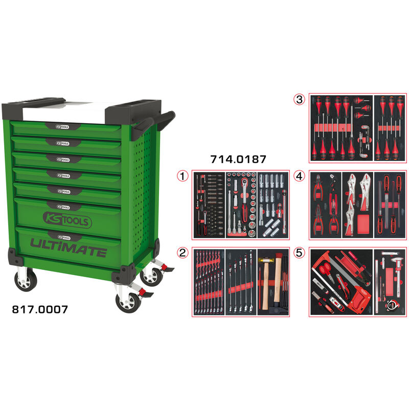 Kstools - Servantes ultimate 7 tiroirs équipées de 187 outils Verte