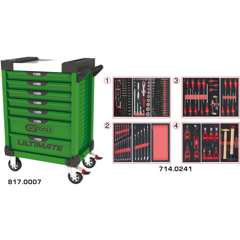 Kstools - Servantes ultimate 7 tiroirs équipées de 241 outils Verte
