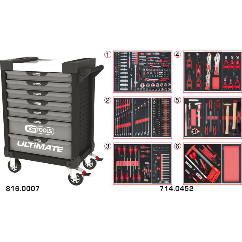 KS Tools - Servante ULTIMATE grise et noire 7 tiroirs équipée de 455 outils - 816.7452