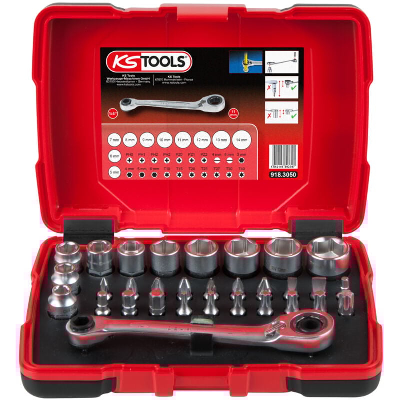 Ks Tools - Coffret de douilles traversantes de 5 à 14mm et embouts de vissage 1/4, 31 pcs - 918.3050