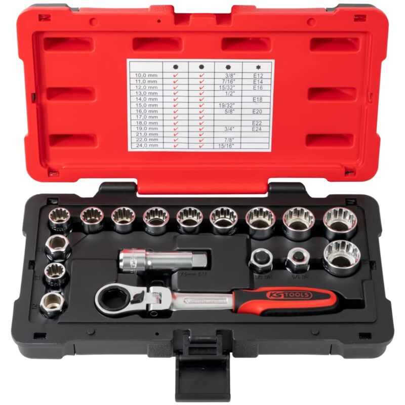 Kstools - ks Tools 922.4040 - Set di chiavi attraversanti 3/8'' + 1/2'' - 10-24 mm - Gamma TRIPLEplus® - Allenamento 19 mm maschio - Finitura cromata