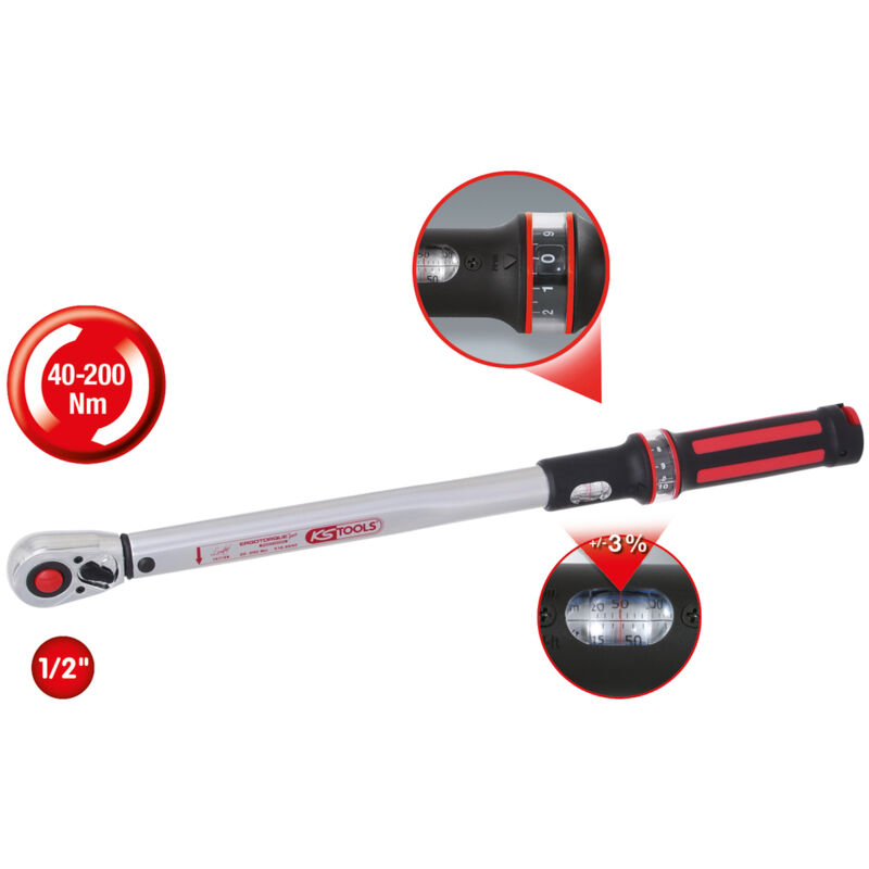 Kstools - ks Tools Clé dynamométrique à cliquet 1/2' ERGOTORQUE®precision Clé dynamométrique à cliquet, 40-200 Nm, rouge