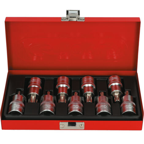 Kstools – Coffret de 9 douilles TORX® percé 1/2'' T20 à T60 – Acier nickelé – Finition chromée satinée – Pour carré d'entraînement DIN 3120