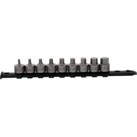 Kstools – Jeu de douilles à embout 3/8'' six pans creux – 9 pièces 4-14 mm – Acier S2 – Rail de rangement inclus – Normes DIN 3120, ISO 1174