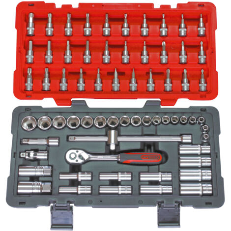 Kstools – Coffret cliquet et douilles 3/8'' – 66 pièces – Bi-matière avec coins renforcés – Finition chromée satinée – Pour usage intensif
