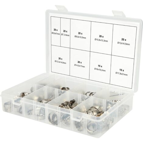 Ks Tools – Colliers de serrage à 1 oreille Ø 5,8-21mm – Acier inoxydable – Assortiment de 170 pièces pour fixation flexible