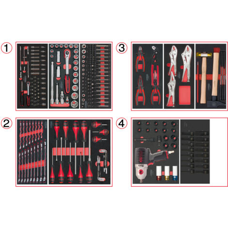 Kstools – Composition d'outils 4 tiroirs pour servante – 263 pièces – Empreinte découpée au laser – Résistant aux huiles et produits chimiques