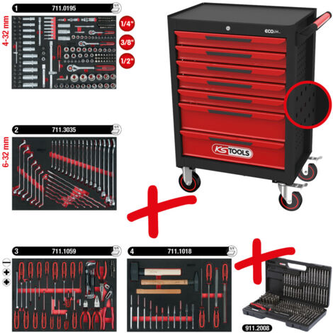 KS Tools ECOline SCHWARZ/ROT Werkstattwagen mit 7 Schubladen und 515 Premium-Werkzeugen