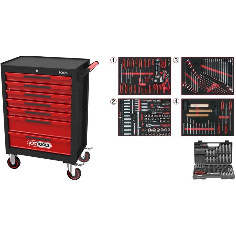 Kstools - ECOline Servante d'atelier noir/rouge avec 7 tiroirs et 515 outils d'excellente qualité