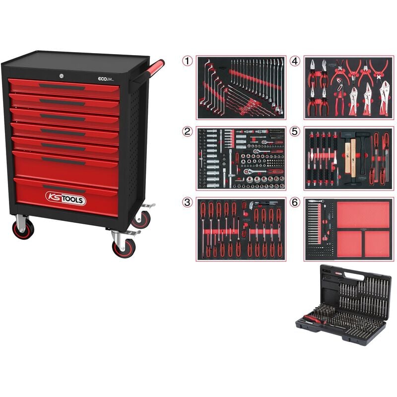 ECOline Servante d'atelier noir/rouge avec 7 tiroirs et 598 outils d'excellente qualité