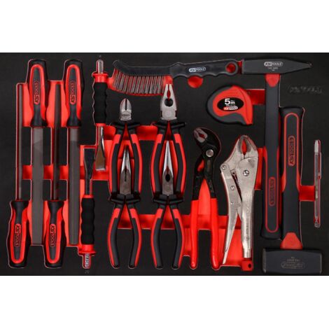 Ks Tools – Jeu de 17 pinces, marteaux et burins – Insert en mousse pour rangement sécurisé – Résistant aux huiles et produits chimiques