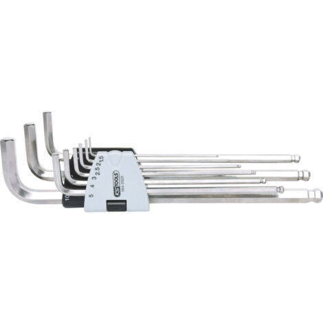 KS Tools - Jeu de 9 clés mâles extra-longues INOX 6 pans à tête sphérique, 1,5 à 10 mm - 964.0520