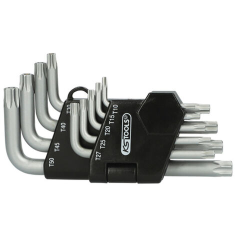 Kstools – Jeu de 9 clés mâles TORX® percé courtes T10-T15-T20-T25-T30-T40-T45-T50 – Acier trempé – Pour espaces confinés – 260 g