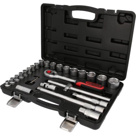 Kstools – Coffret cliquet et douilles 28 pcs – Acier chrome-vanadium finition satinée – Système FlankTraction pour meilleure prise sur boulons