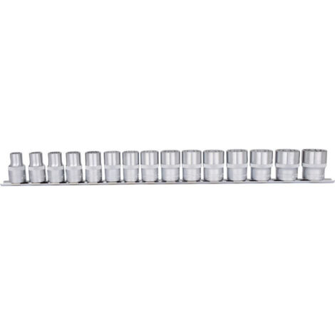 FP – Jeu de douilles 1/2' 15 pièces – Acier chrome-vanadium – Profil 12 pans – Rail de rangement inclus – Normes DIN/ISO