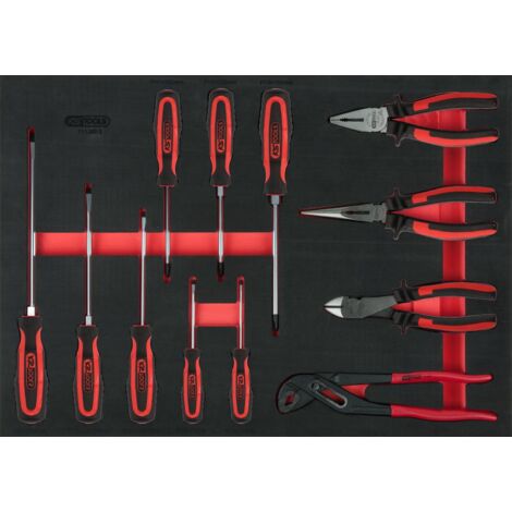 Ks Tools – Jeu de tournevis et de pinces 12 pièces – Largeur 564mm – Longueur 390mm – Résistant aux produits chimiques – Insert mousse tricolore