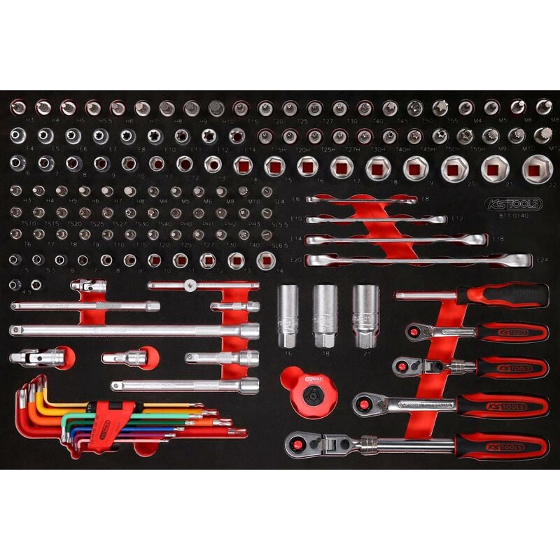 

KS TOOLS Juego de llaves de vaso de 1/4'' + 3/8'' en inserto de gomaespuma, 140 pzs
