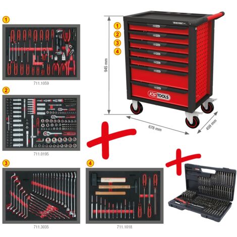 KS Tools RACINGline SCHWARZ/ROT Werkstattwagen mit 7 Schubladen und 515 Premium-Werkzeugen