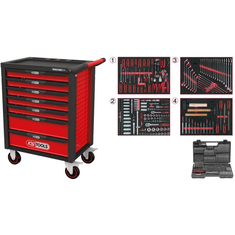 Kstools - RACINGline Servante d'atelier noir/rouge avec 7 tiroirs et 515 outils d'excellente qualité