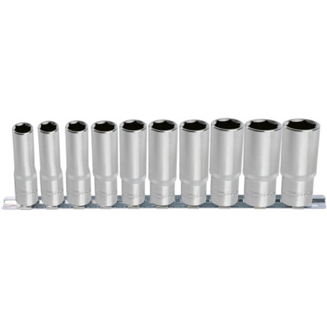 Kstools – Rail de 10 douilles longues 1/2'' 6 pans – Finition chromée satinée – Chrome Vanadium – Pour espaces confinés – Comprend un rail de rangement