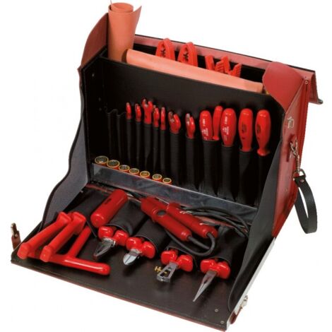 Ks Tools – Sacoche d'outils d'électricien 36 pièces – Cuir de vachette rouge – Conformité IEC 60900 – Isolation 1000V AC/1500V DC