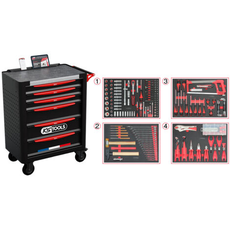 KS Tools - Servante d'atelier 6 tiroirs fabriquée en France, équipée de 265 outils - 824.6536F