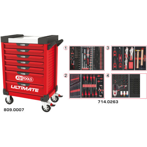 KS Tools - Servante ULTIMATE rouge 7 tiroirs équipée de 263 outils - 809.7263