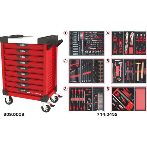 Kstools – Servante d'atelier roulante rouge 9 tiroirs – 455 outils inclus – Charge maximale 300kg – Dimensions 80x50x90cm
