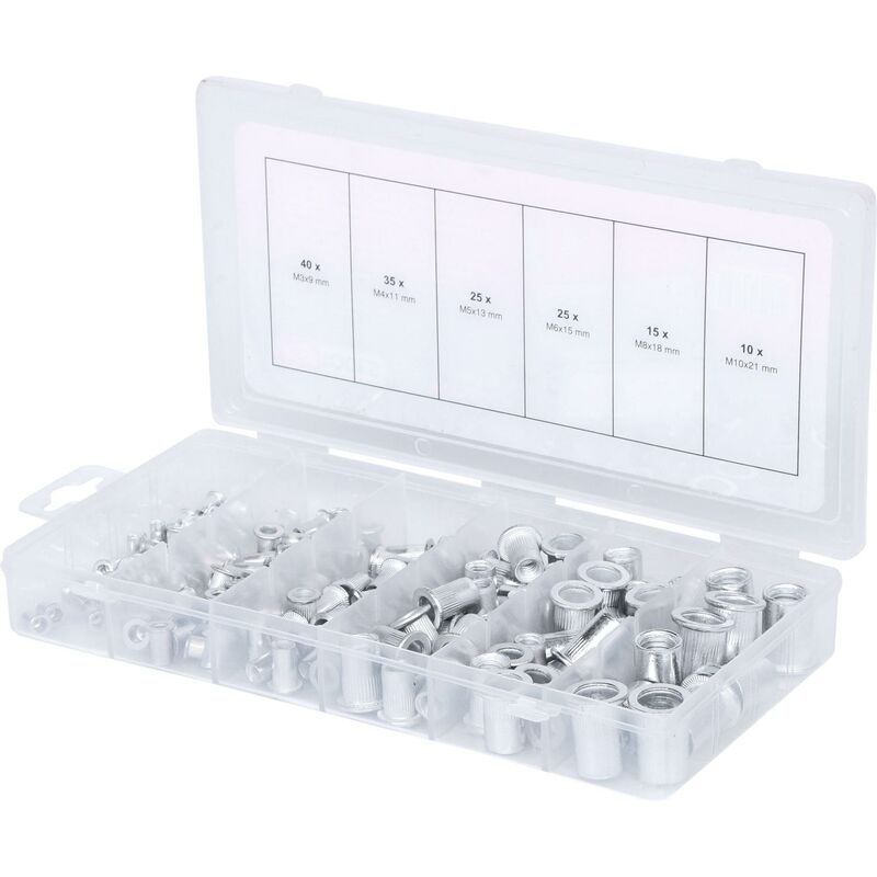

KS TOOLS Surtido de remaches de rosca de aluminio, M3x9mm-M10x21mm, 150 pzs