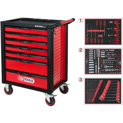 KSTOOLS KS Tools Werkstattwagen RACINGline SCHWARZ/ROT mit 7 Schubladen und 215 Premium-Werkzeugen