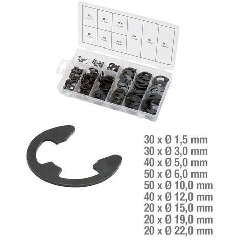 Kstools – Assortiment de circlips de type E x300 – Norme DIN 6799 – Diamètre 1,5 à 22 mm – Coffret en plastique pour mécanique