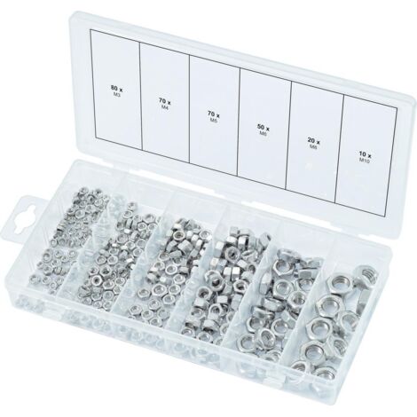 Kstools – Assortiment d'écrous en inox 300 pièces – Norme DIN 934 – Filetage métrique pas standard – Coffret plastique pratique