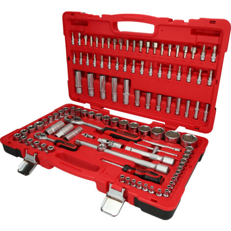 Kstools – Coffret cliquet et douilles 1/4' et 1/2' – 110 pièces – Acier chrome vanadium – Système FlankTraction – Finition satinée