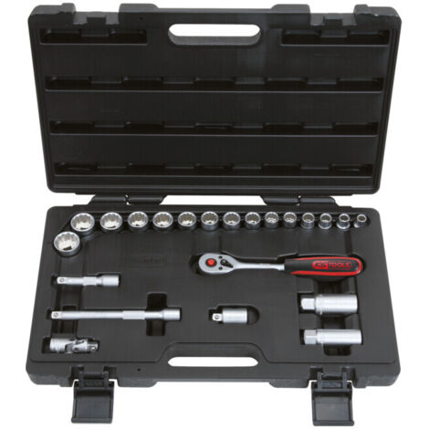 Kstools – Coffret cliquet et douilles 3/8'' 12 pans – 22 pièces en acier chrome-vanadium – Angle de reprise 5° – Compatible clés 3/8''