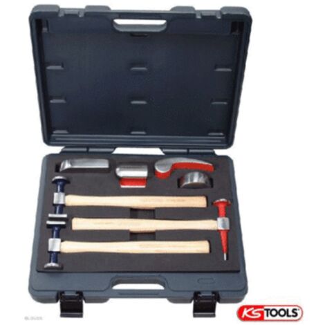 Kstools – Coffret de débosselage 7 pièces – 4 tas en acier poli et 3 marteaux avec manche en hickory – Adaptable sur servante série 800