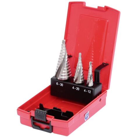 Kstools – Coffret de forets étagés HSS 3 pcs – Acier haute performance – Plage de perçage 4-30mm – Angle de pointe 118° – Pour métaux oxydables