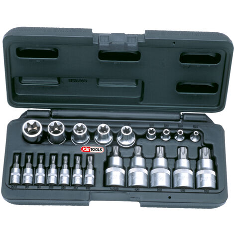 Kstools – Coffret douilles TORX 1/4'' et 1/2'' – 21 pièces en acier chrome vanadium – Empreintes E4 à E20 et T8 à T60 – Pour clés à cliquet