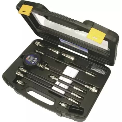 Kstools – Compressiomètre et testeur d’étanchéité de cylindre essence – 10 pièces avec adaptateurs M10 à M18 – Manomètre digital jusqu'à 20 bars - Essence10