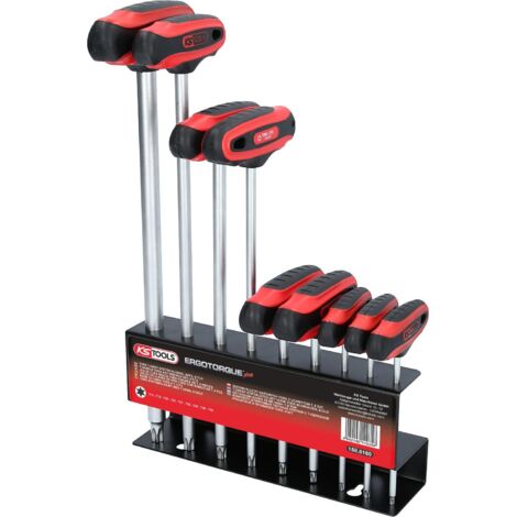 Kstools – Jeu de clés mâles Torx 9 pcs – Acier Chrome Vanadium – Poignée en T – Support mural inclus – Finition chromée mate