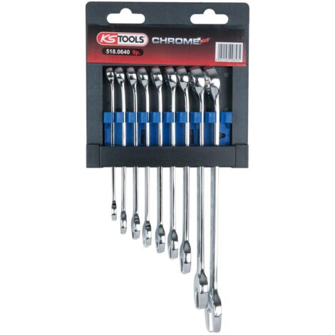 Kstools – Jeu de clés mixtes inclinées 9 pcs – Acier chrome vanadium – Finition chromée brillante – Profil FlankTraction – Normes DIN 3113, ISO 3318, ISO 7738