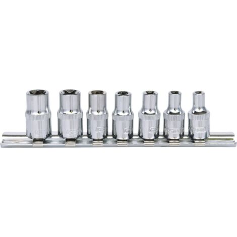 Kstools – Jeu de douilles Torx E 1/4' – Acier chromé vanadium – 7 pièces – Normes DIN 3120 et ISO 1174 – Rail de rangement inclus