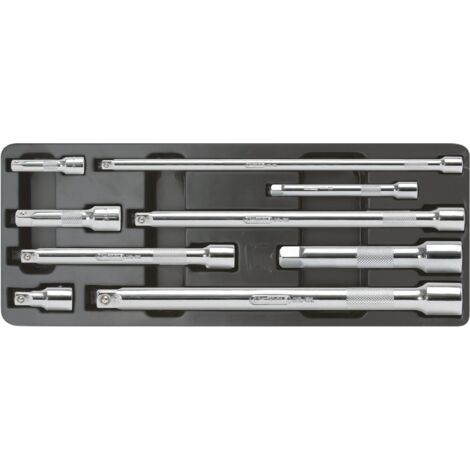 Kstools – Jeu de rallonges 9 pcs – Acier chrome vanadium – Finition chromée brillante – Normes DIN 3120/ISO 1174 – Carrés d'entraînement 1/4' et 1/2'