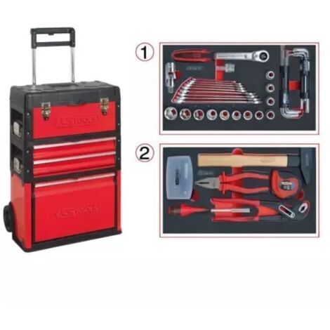 Kstools – Servante d'atelier roulante 77 outils – Métal et PVC – 2 tiroirs et bac de grande capacité – Poignée scotopique – Charge maximale 150Kg