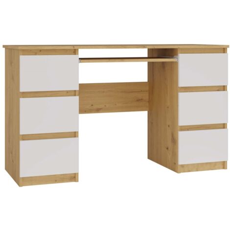 KUBA - Scrivania a 6 cassetti + ripiano per tastiera - bianco e rovere artigianale
