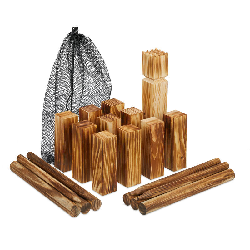 Relaxdays - Kubb, jeu de lancer en plein air, viking, en bois, 21 pièces, avec sac, pour petits et grands, marron