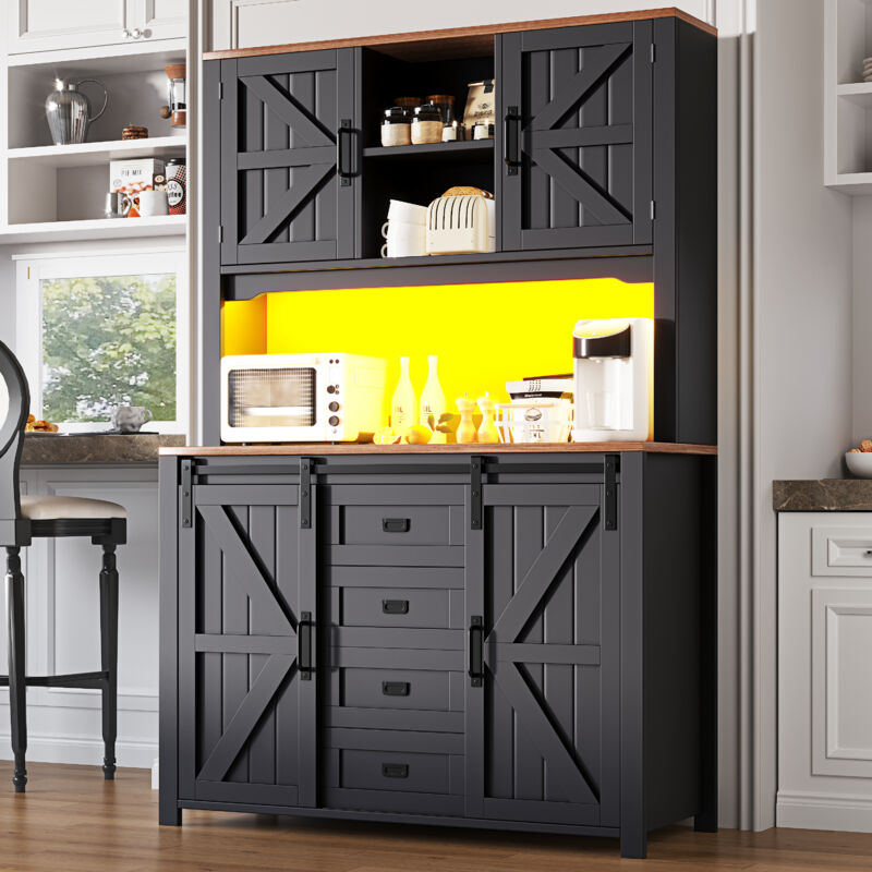 Stilvora Küchenbuffet Hoch Mit Schiebetüren, 2 Schubladen, Verstellbaren Einlegeböden Und Led Für Küche, Aus Mdf Und Metall, 115x40x174, 7 Cm, Schwarz