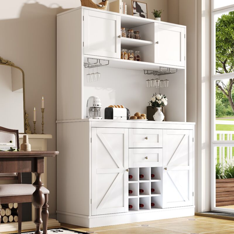 Stilvora Küchenbuffet Hochschrank Mit 4 Türen, 2 Schubladen, Verstellbaren Ablagen Und Weinregal, Aus Mdf, 120x40x188 Cm, Weiß