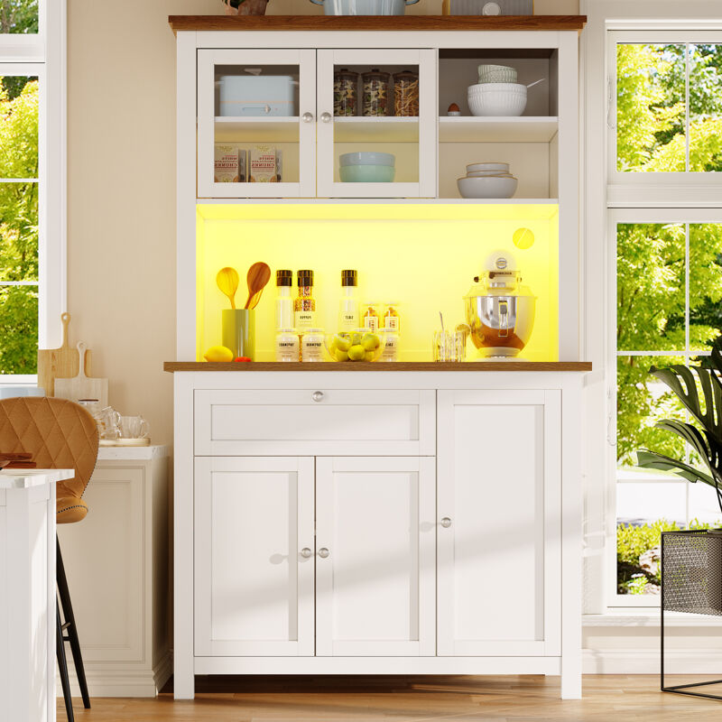 Stilvora Küchenbuffet Hochschrank Mit Vitrine, 3 Verstellbaren Einlegeböden Und Led, Aus Mdf, Weiß, 104 X 40 X 180 Cm