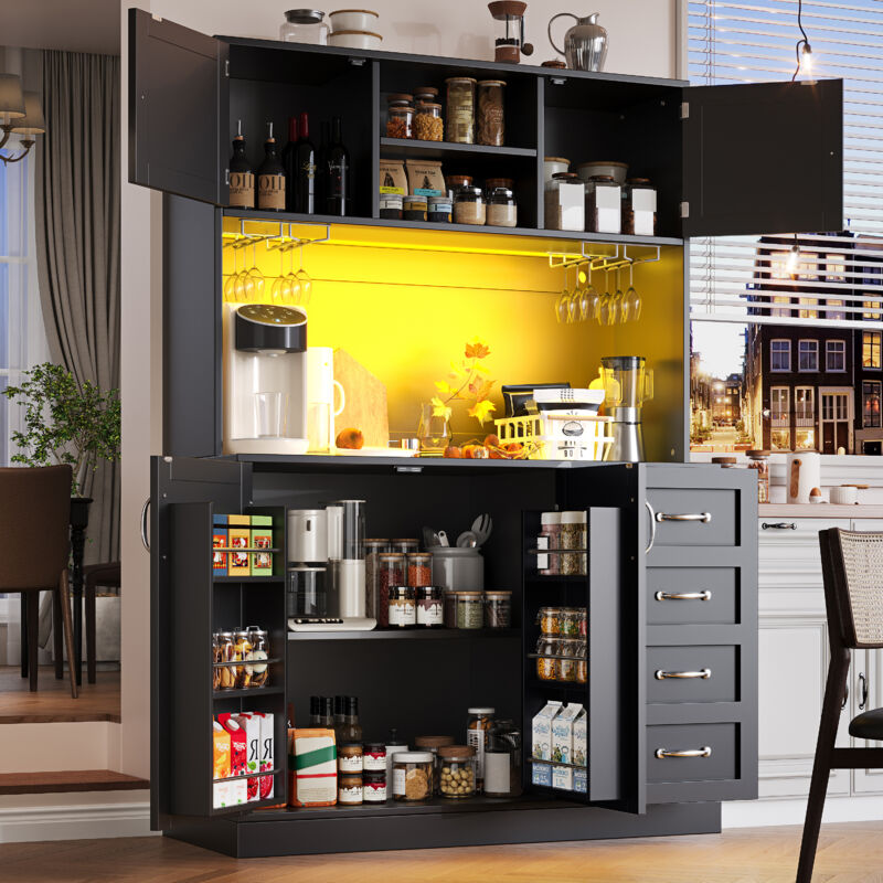 Stilvora Küchenbuffet Mit 4 Türen, Led Und Getränkehaltern, Aus Mdf, Für Küche Oder Esszimmer, 120x40x188 Cm, Schwarz